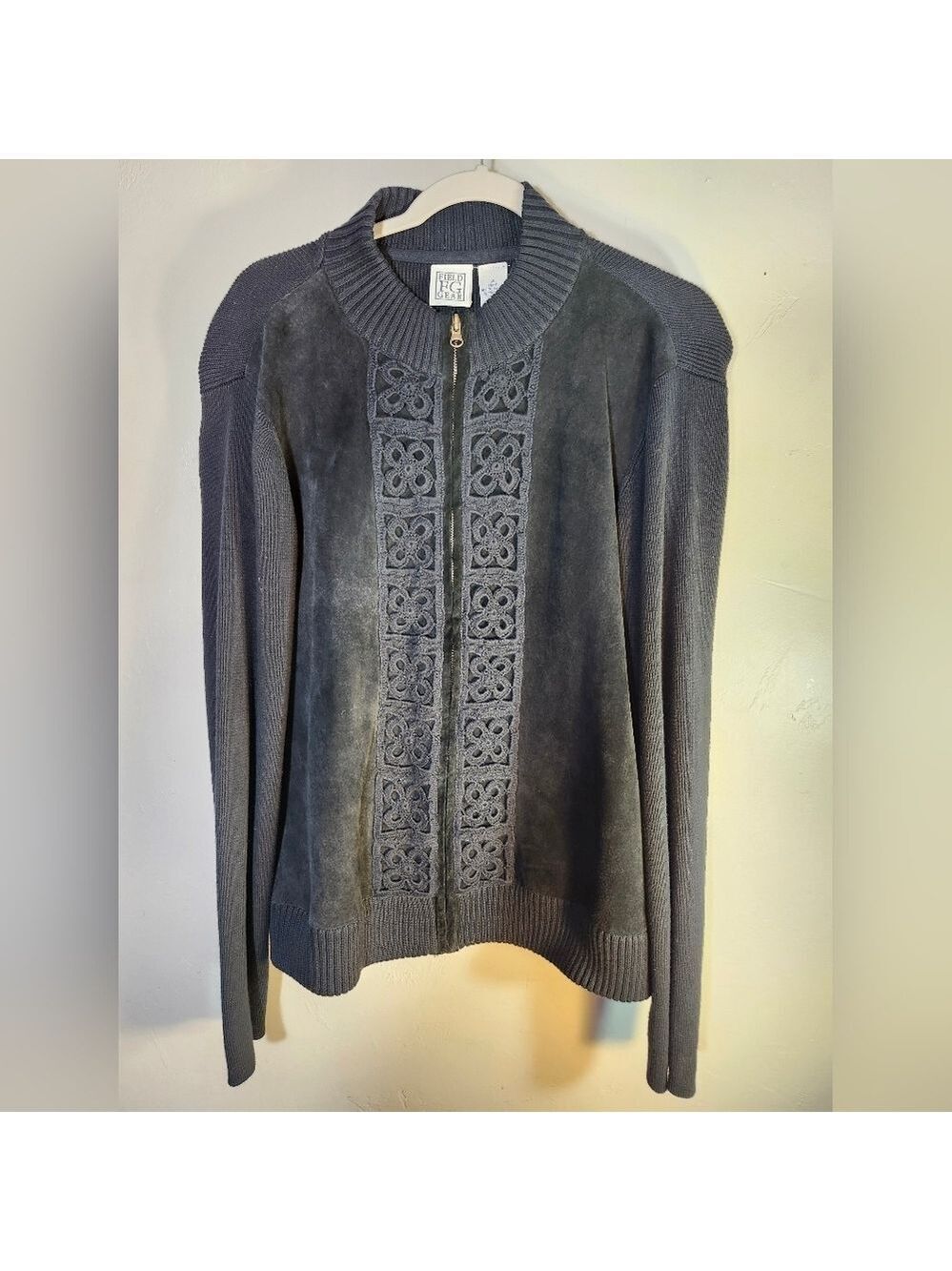 Field Gear Black Sweater Front & Leather with Intricate Design Zip Front Sz XL